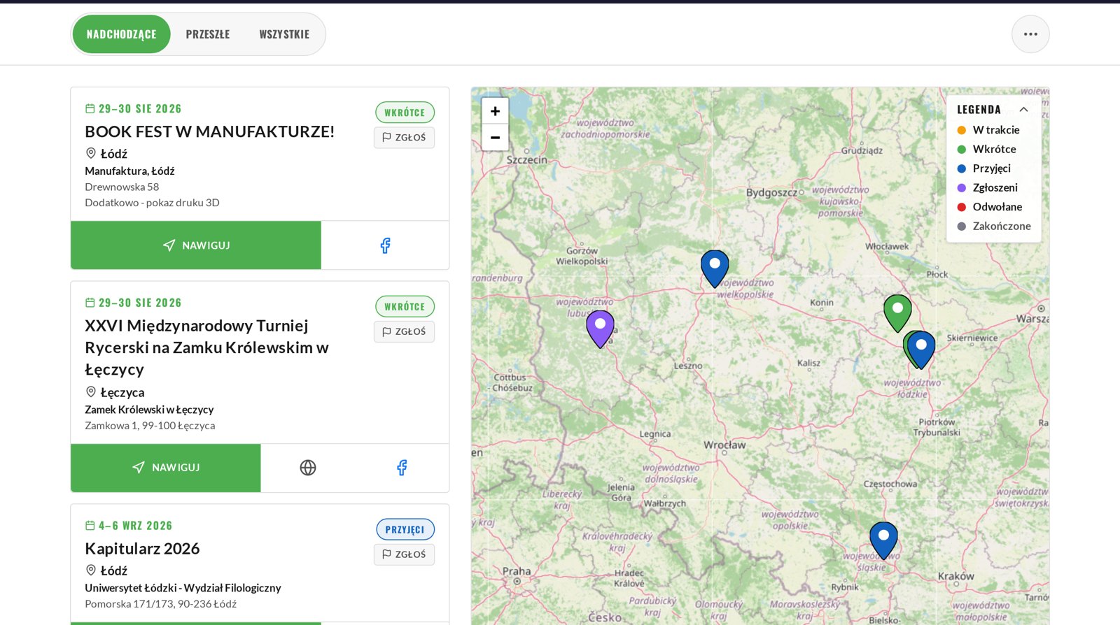 Publiczna MapKa marki: lista wydarzeń z datami i adresami obok mapy Polski z pinezkami